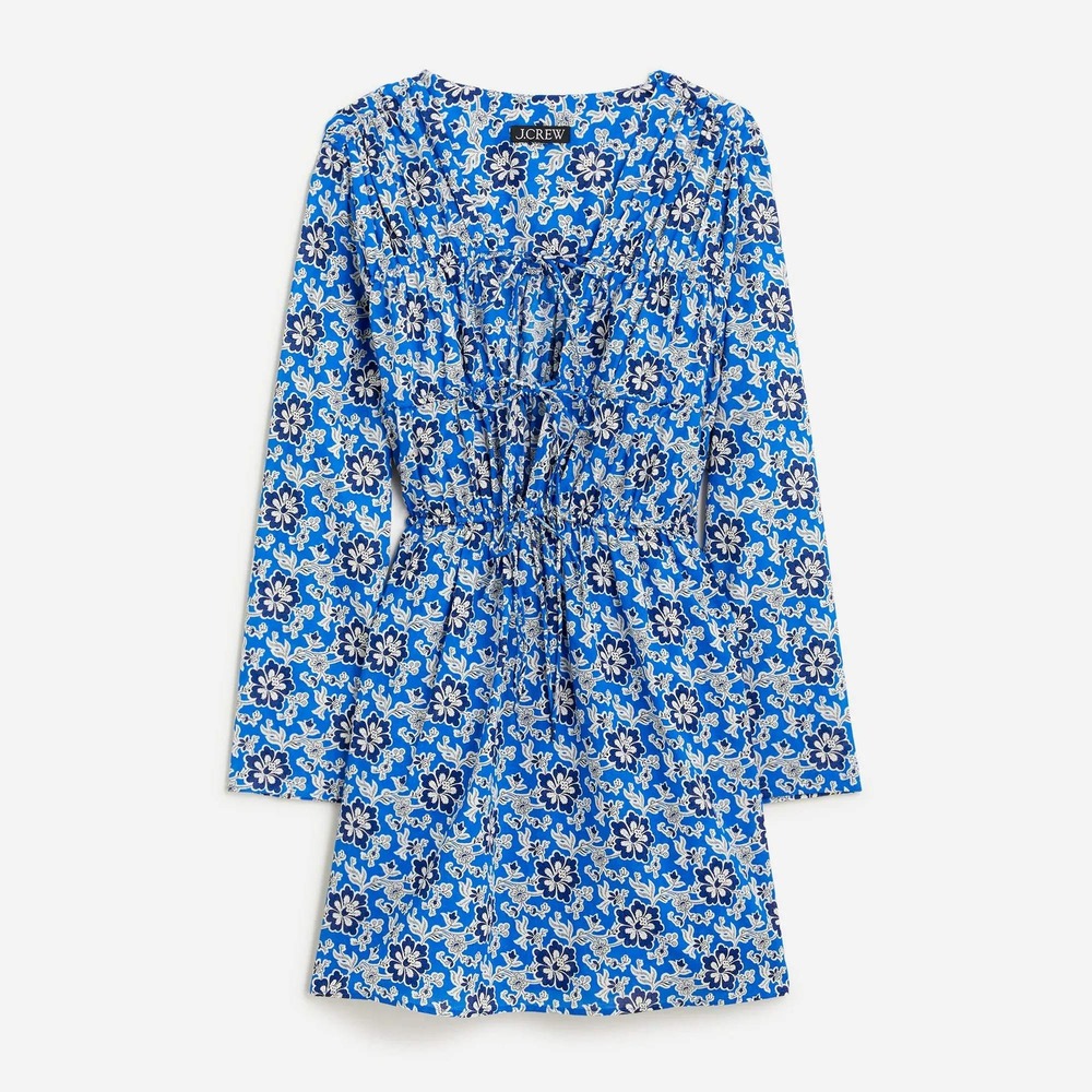 J. Crew Dress Floral Print Smocked Waist V-Neck Long Sleeve Mini Women's XL Blue